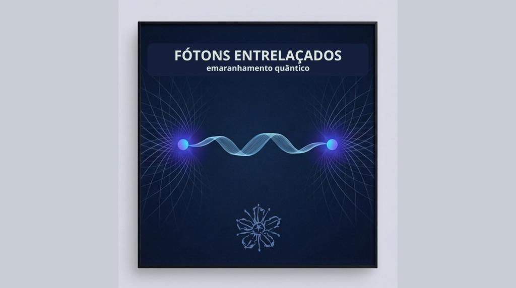 A imagem ilustra o tema do artigo. É um cartaz digital vertical com fundo em tons de azul-claro. No centro, há um quadrado de cantos arredondados em azul-escuro, simulando a capa de um livro. No topo do cartaz, dentro do quadrado, lê-se o título em branco: "Fótons entrelaçados" com o subtítulo "emaranhamento quântico". Dentro do quadrado azul-escuro, centralizado, uma ilustração digital que representa o entrelaçamento quântico: duas esferas azuis brilhantes nas extremidades, conectadas por uma onda de energia luminosa e fluida. De cada esfera, saem linhas finas que formam um padrão de rede geométrica. Na base do cartaz, centralizado, há um pequeno desenho de flor de arruda estilizada, que simboliza a logo da autora do artigo. O artigo que a imagem ilustra fala sobre Física e Epigenética na Educação para a Paz.